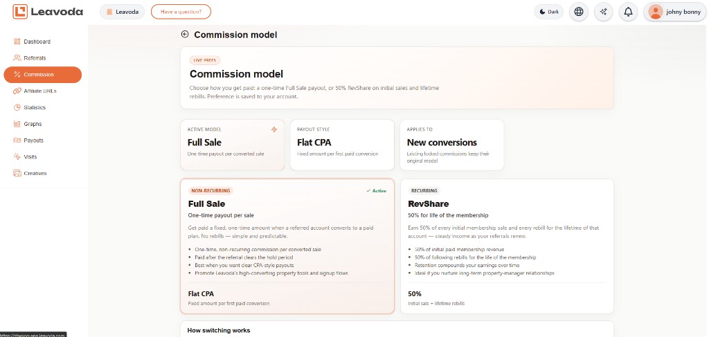 Affiliate commission model picker