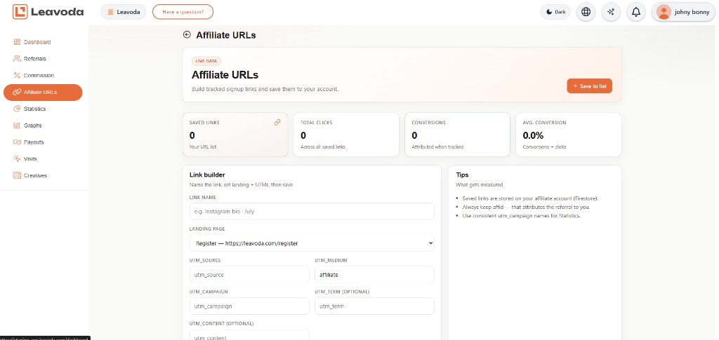 Affiliate URL builder screenshot